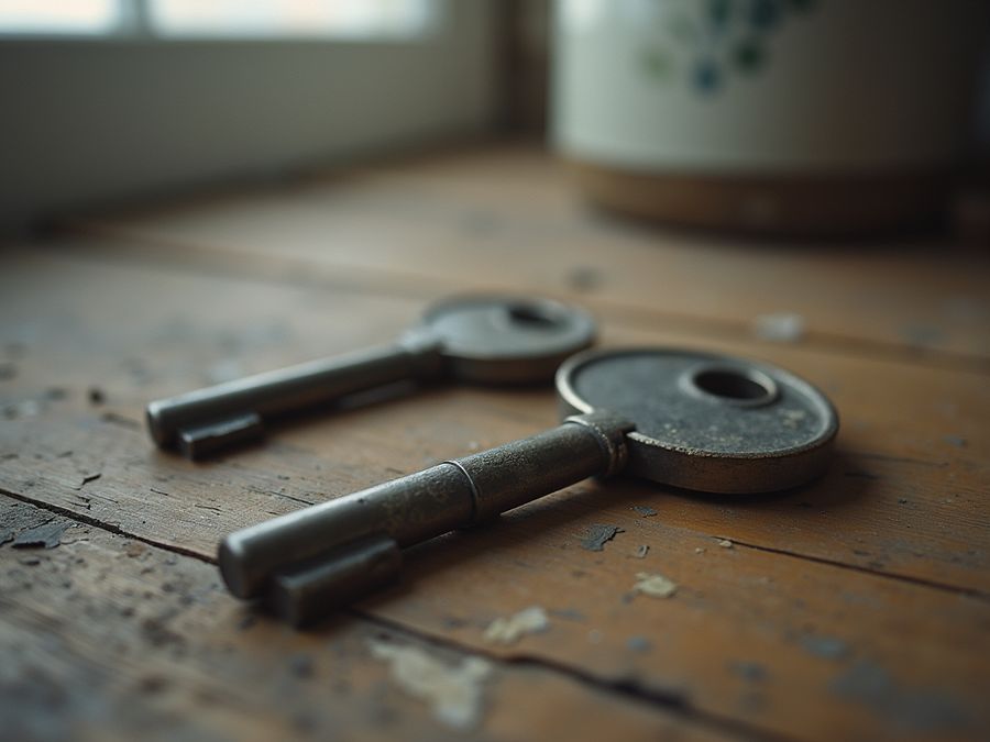 Kaksi samannäköistä avainta kuluneella puupinnalla